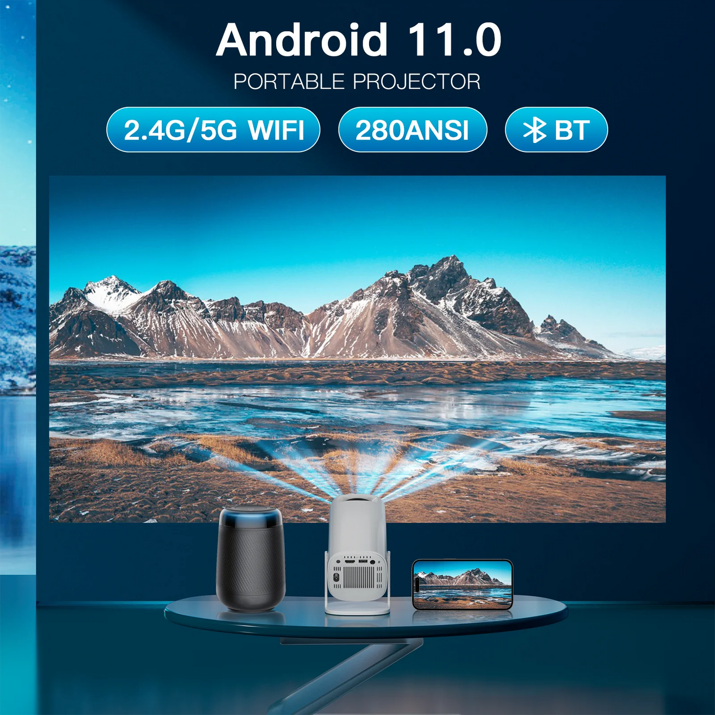 Android 11 Projector with WiFi 6 and Bluetooth